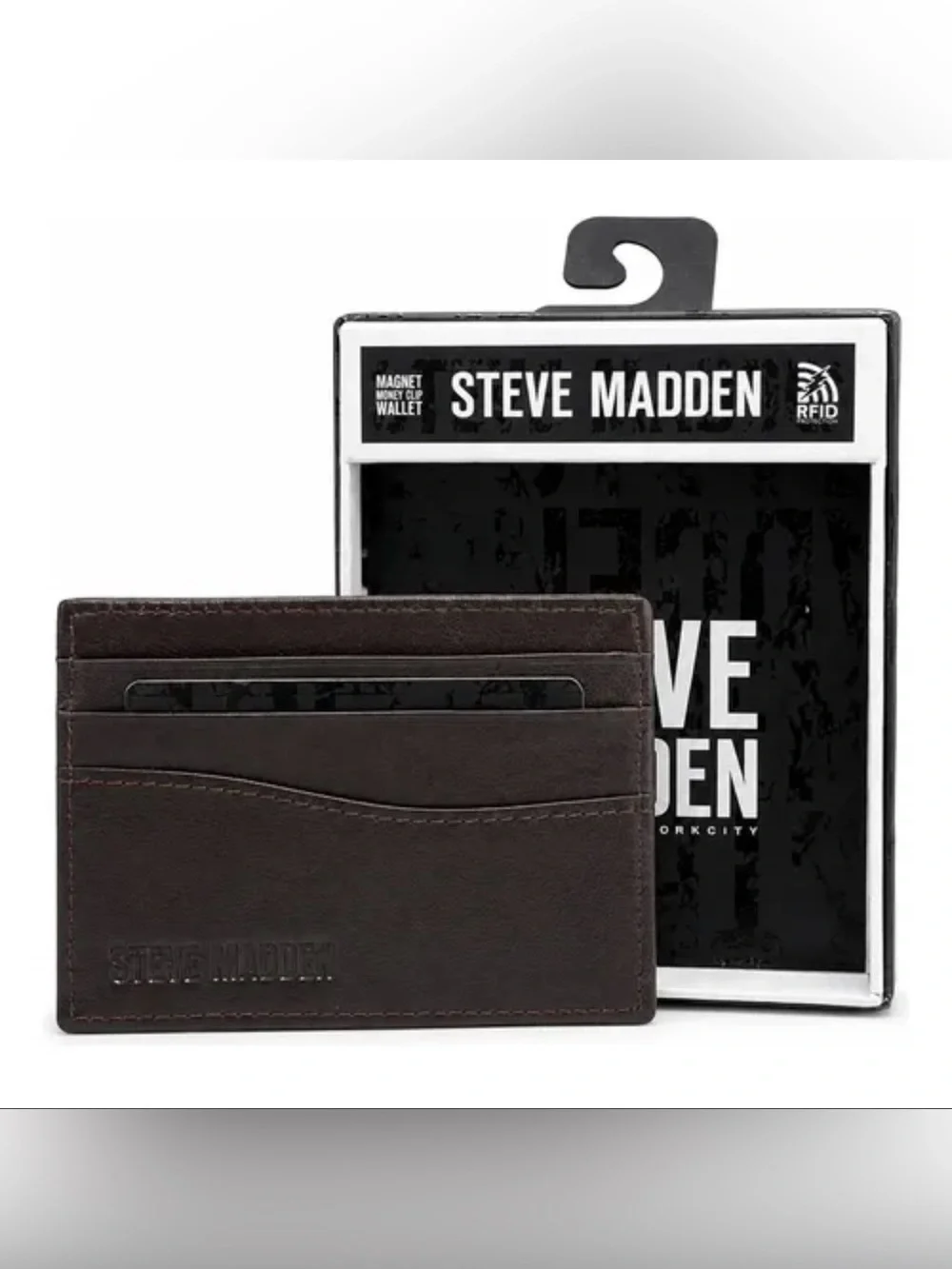 *new* Steve Madden Brown Leather Card Holder & Money Clip RFID Wallet